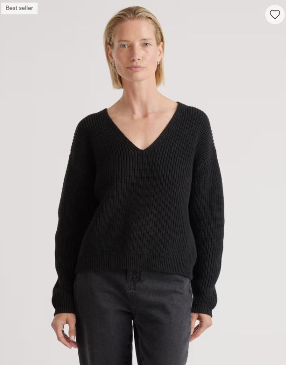 NWT Quince 100% Organic Cotton Fisherman Sweater V-Neck Crop Black Womens Size S